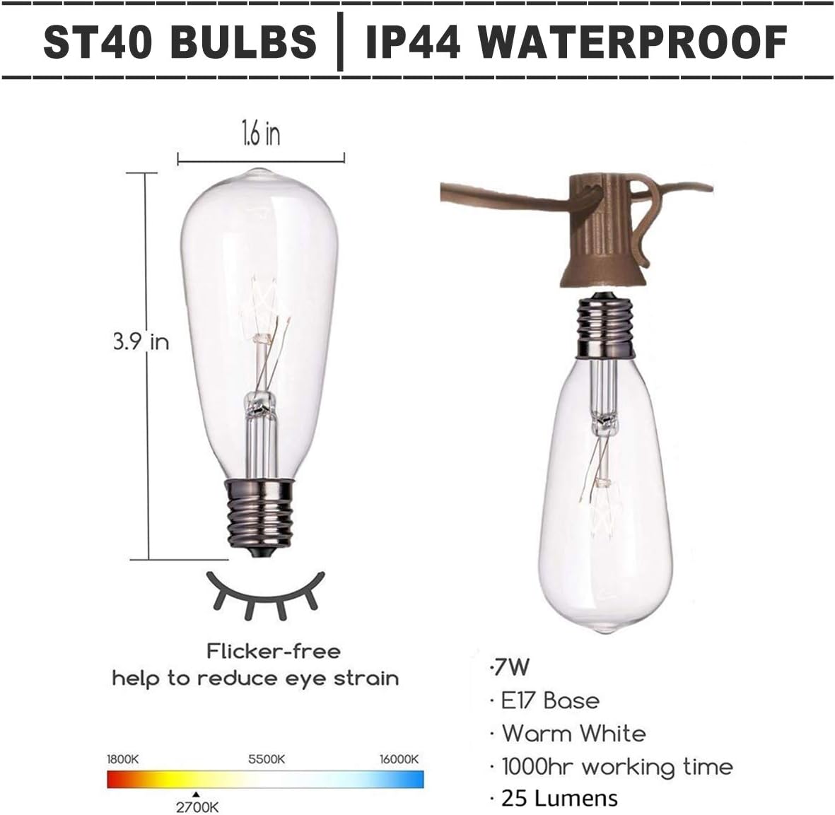 Afirst Outdoor String Lights 20Ft with 20 Edison Bulbs Vintage Bistro String Lights Waterproof Patio String Lights for Garden/Backyard Party/Wedding-Brown Cord: Home Improvement