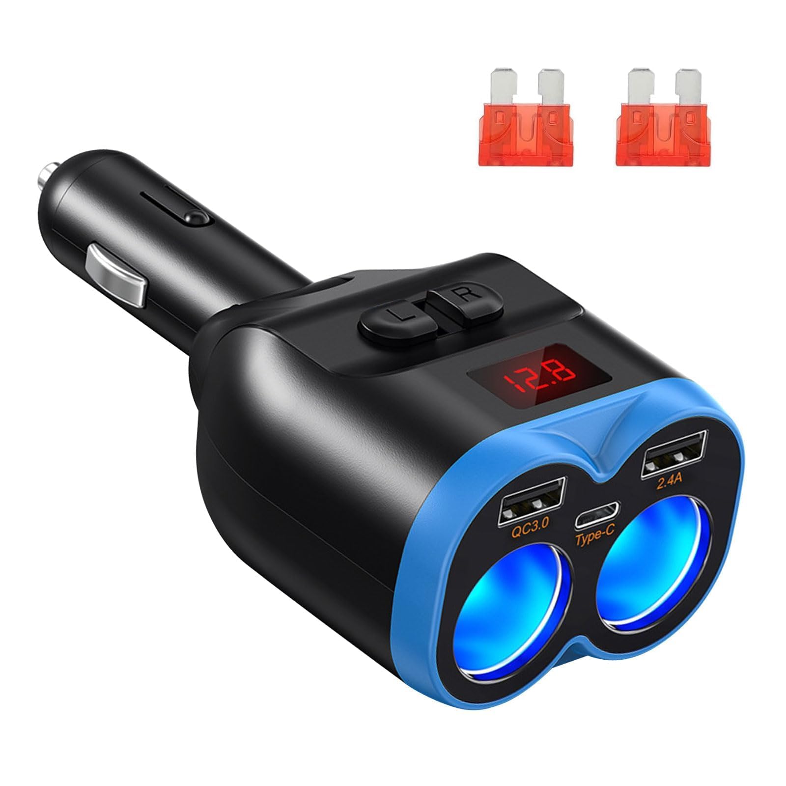 Linkstyle Car Charger Cigarette Lighter Splitter, Dual USB A & PD USB Socket Splitter with LED Voltmeter Fast Charging for 12V/24V Car Devices