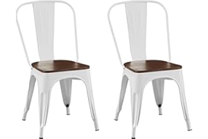 AC Pacific Stackable Metal Dining Chairs Set of 2 for Indoor and Outdoor Use, Durable Stacking Seat, Farmhouse Kitchen, Bar, Patio, Bistro, Cafe, Industrial Style, 2pcs, High Gloss White/Wooden Base
