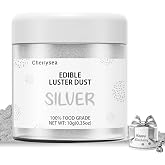 Silver Edible Luster Dust 10 Grams, Food Grade Cake Luster Dust Tasteless Dessert Dusting Powders for Baking Cherrysea Food Coloring Powder for Cupcakes, Cake Pops,Fondant,Chocolate, Candy