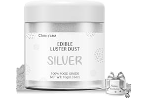 Silver Edible Luster Dust 10 Grams, Food Grade Cake Luster Dust Tasteless Dessert Dusting Powders for Baking Cherrysea Food Coloring Powder for Cupcakes, Cake Pops,Fondant,Chocolate, Candy