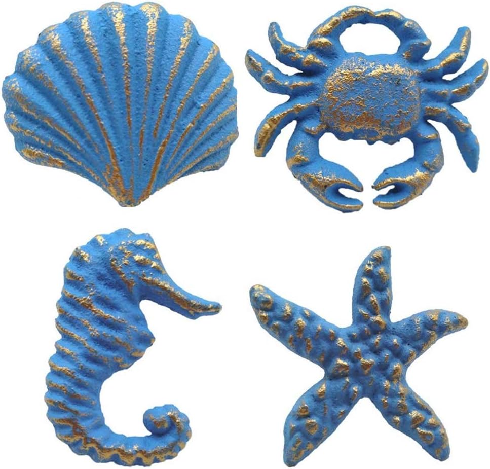 Retro Cast Iron Drawer Pulls Handles for Dresser Cupboard Wardrobe Cabinet Kitchen Drawer Handle Beach Ocean Theme Sea Horse Starfish Seashell and Crab Knobs 4 Pack (Blue)