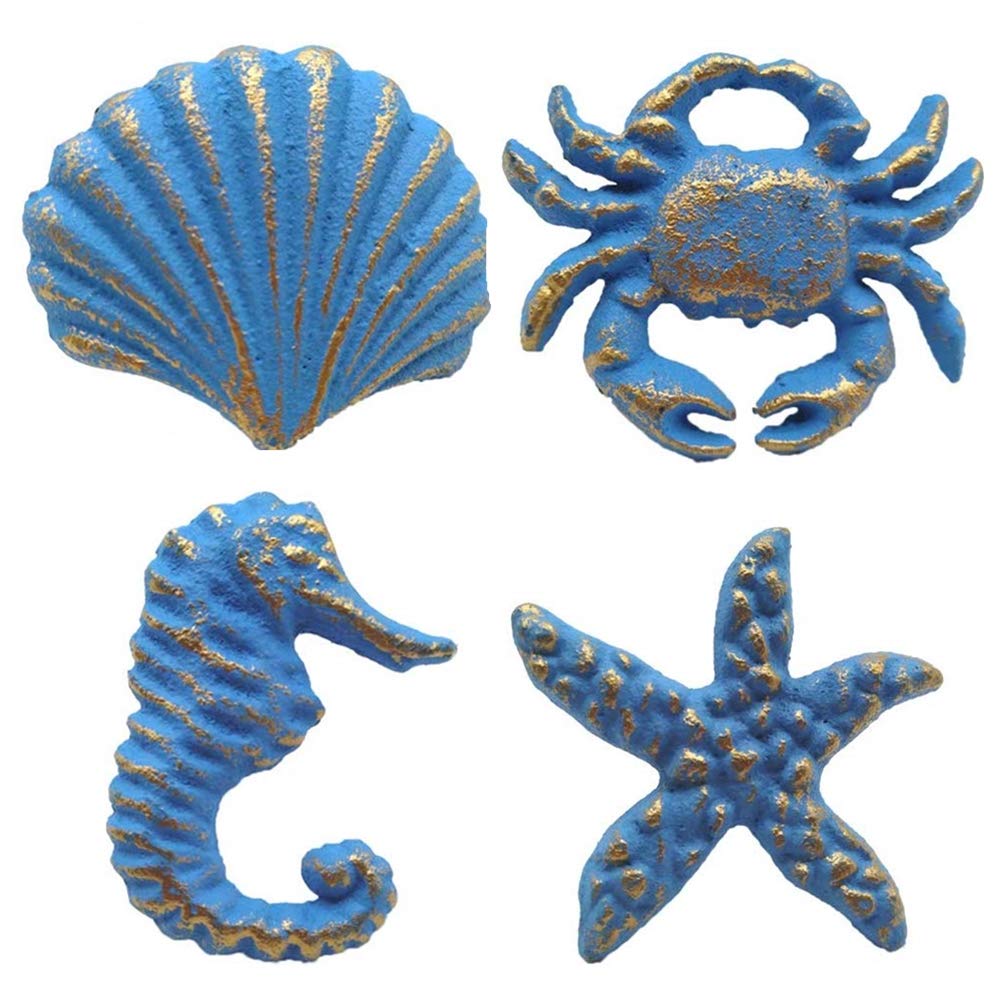 Retro Cast Iron Drawer Pulls Handles for Dresser Cupboard Wardrobe Cabinet Kitchen Drawer Handle Beach Ocean Theme Sea Horse Starfish Seashell and Crab Knobs 4 Pack (Blue)