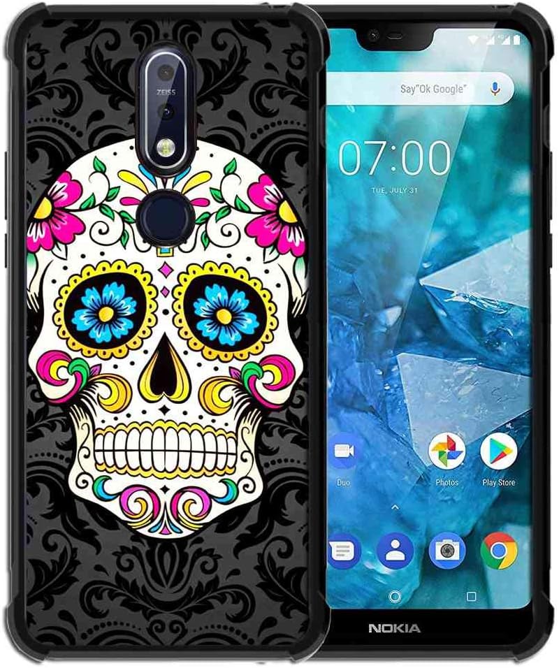 for Nokia 7.1 Case Vector Sugar Skull Pattern, ABLOOMBOX Shock Soft Bumper Slim Rubber Protective Case with Reinforced Corners for Nokia 7.1 (2018)