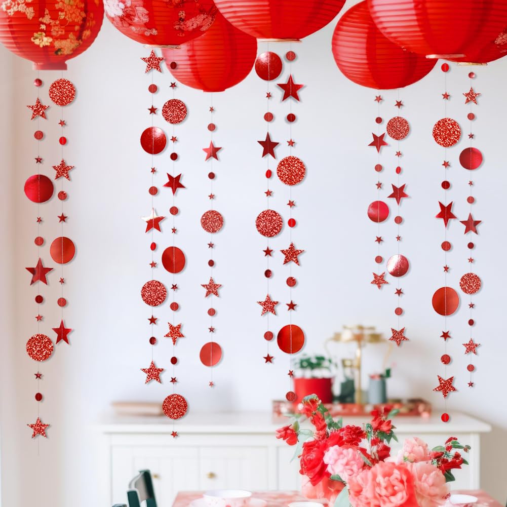 Decor365 Shimmer Red Circle Dots and Star Garlands Christmas Tree Decorations/Chinese New Year Hanging Bunting Metallic Banner Halloween/Bridal Shower/Baby Shower/Showcase/Wedding/Curtains Props