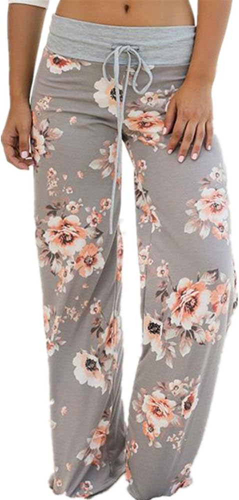 PRIMODA Women's Casual Pajama Lounge Pants Striped Floral Printed Wide Leg Yoga Pants(12#,3XL)