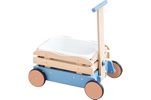 Beright Wooden Wagon for Kids, 2-in-1 Wooden Baby Walker with a Storage Bin, Wooden Cargo Walker Cart with Removable Basket, Sit to Stand Toddler Toy, Blue