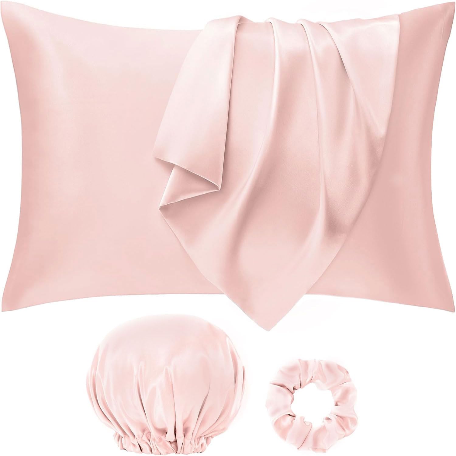 Seiwohl Silk Satin Pillowcase Soft as Silk Pillowcases for Hair and Skin Coral Pillow Cases 2 Pack with Satin Scrunchies and Bonnet for sleeping, Cooling Pillow cases Envelope Closure, 50x75 cm