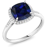 Gem Stone King 2-3 Cttw 10K White Gold Gemstone Birthstone and White Diamonds Halo Engagement Ring for Women | Cushion 8MM | Wedding Anniversary Promise Ring