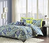 Modern Teen Girls Comforter Bedding Set with Blue and White Paisley Print with Lime Green Accents (twin/twin xl)