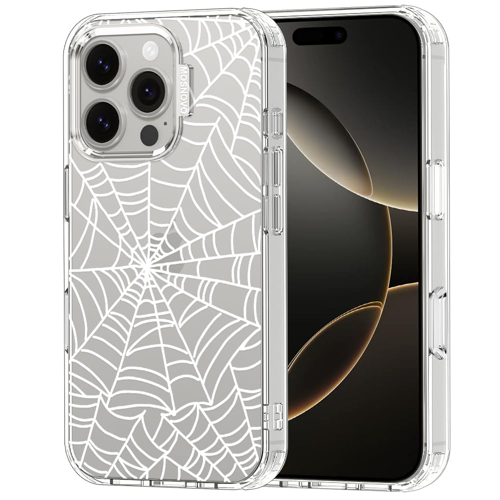 MOSNOVO Case for iPhone 16 Pro, [Buffertech 6.6ft Military-Grade Drop Protection] [Anti Peel Off Tech] Clear TPU Bumper Phone Case Cover Design - Spider Web
