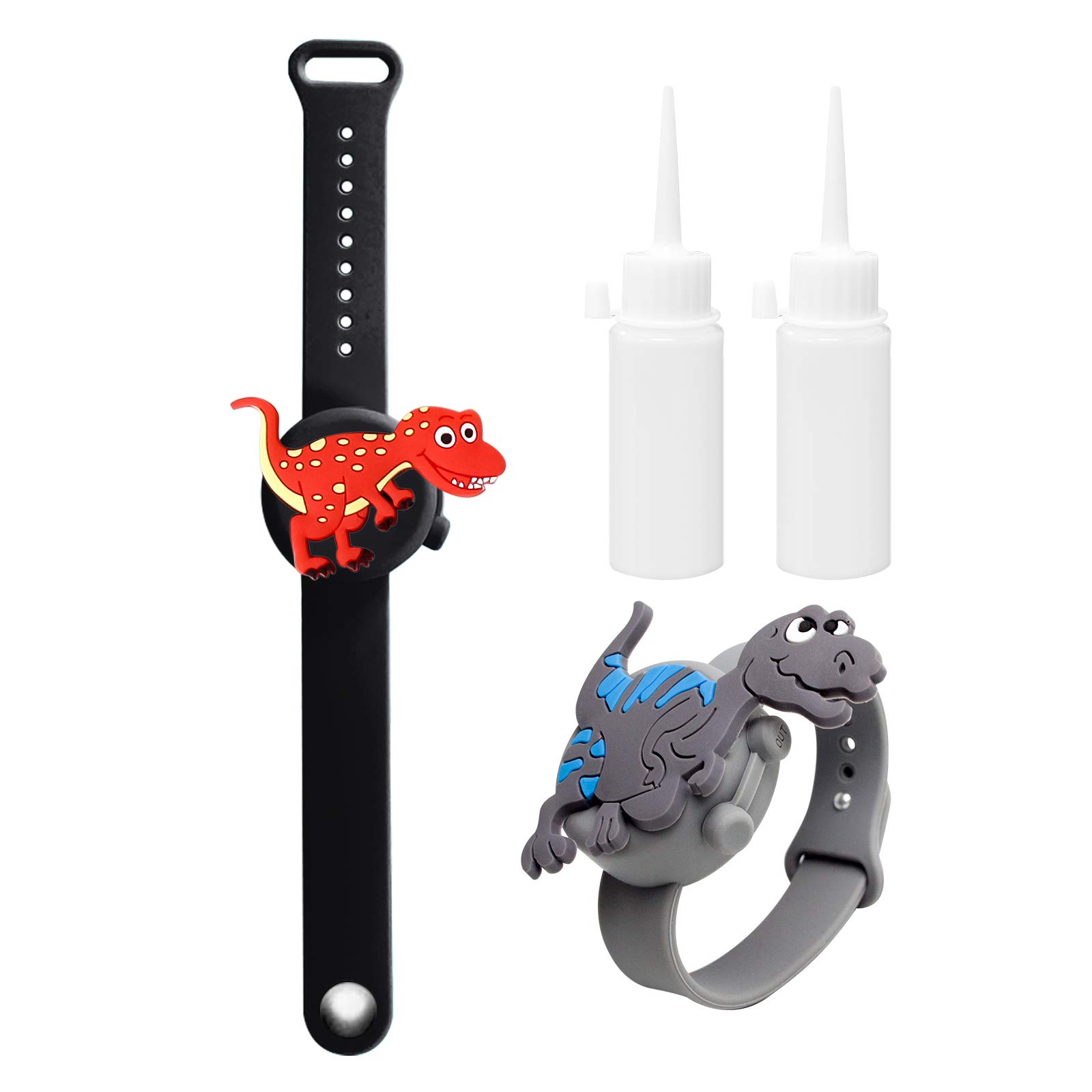2PCS Silicone Refillable Wristband with Squeeze Bottle,Wristband Hand Dispenser Wearable Hand Sanitizer Dispenser Pumps (dinosaur)