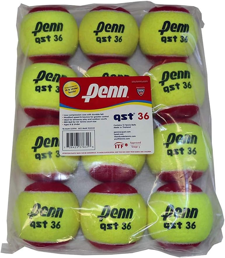 Penn QST 36 Tennis Balls - Youth Felt Red Tennis Balls for Beginners, 12 Ball Polybag : Sports & Outdoors