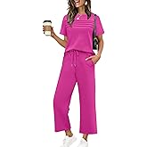 WIHOLL Two Piece Sets for Women Summer Spring Travel Vacation Outfits Short Sleeve Lounge Sets Side Slit Wide Leg Pants S-3XL