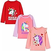 HILEELANG Toddler Girl Long Sleeve Graphic Tees, 100% Cotton, 3-Pack, 2-7 Years, Spring & Fall Layering Shirts