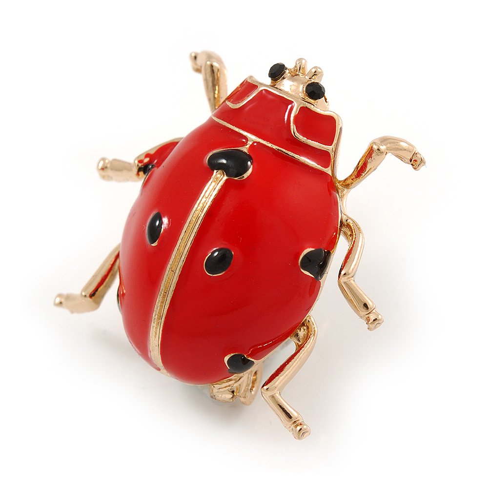 Red/Black Enamel Ladybug Brooch In Gold Tone Metal - 30mm Tall