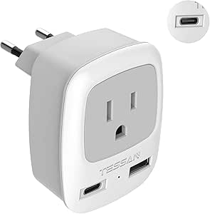 European Power Plug Adapter, TESSAN International Type C Travel Plug with 1 USB-C Port and 1 USB A Port, Outlet Adaptor for US to Most of Europe EU Italy Spain Iceland France Germany