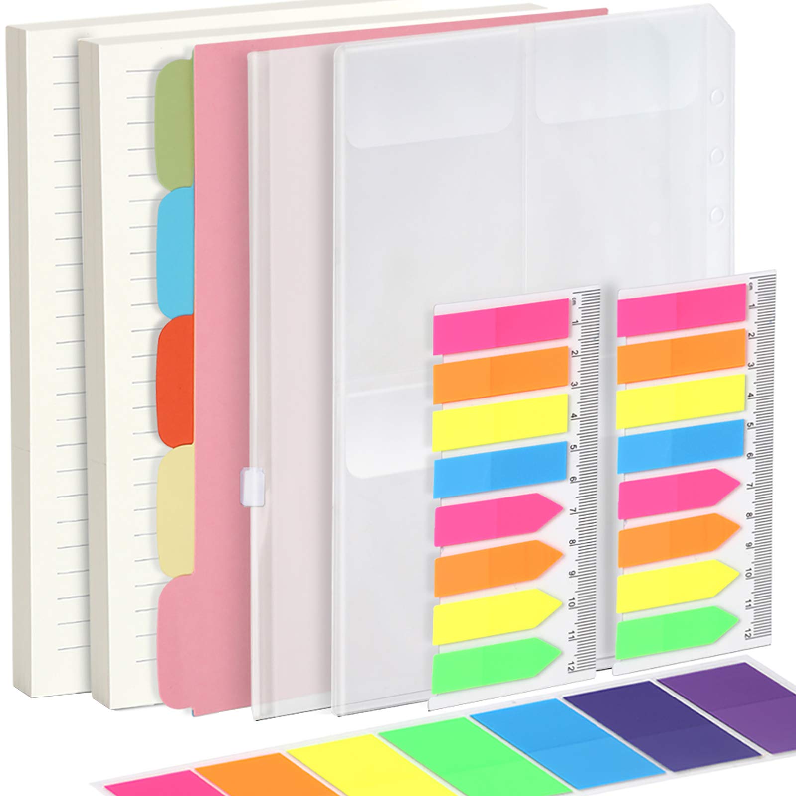 FANDAMEI Refillable Notebook Accessories Set - 2 Pack Lined Paper + 5 Dividers + 460 Note Flags + Zipper Pockets/ 3 Binder Pockets for A5 Refills