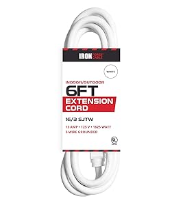 6 Ft White Extension Cord - 16/3 Durable Electrical Cable