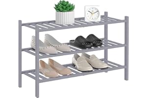 RONGJIA 3-Tier Natural Bamboo Shoe Rack - Stackable Storage Shelf with Multi-Function Combinations - Free Standing Shoe Racks for Convenient Shoe Organization（Gray） 11" D x 27" W x 20" H