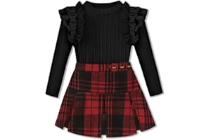 AMAWMW Girls Outfit Skirt Set Ribbed Knit Ruffle Sleeve Top Plaid Pleated Skirt Set Fall Winter Clothes