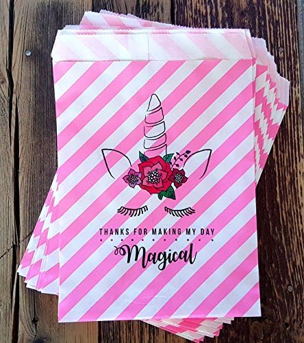 Paper pink and white striped Unicorn themed candy, treat or favor bags 16 ct "Thanks for making my day magical"