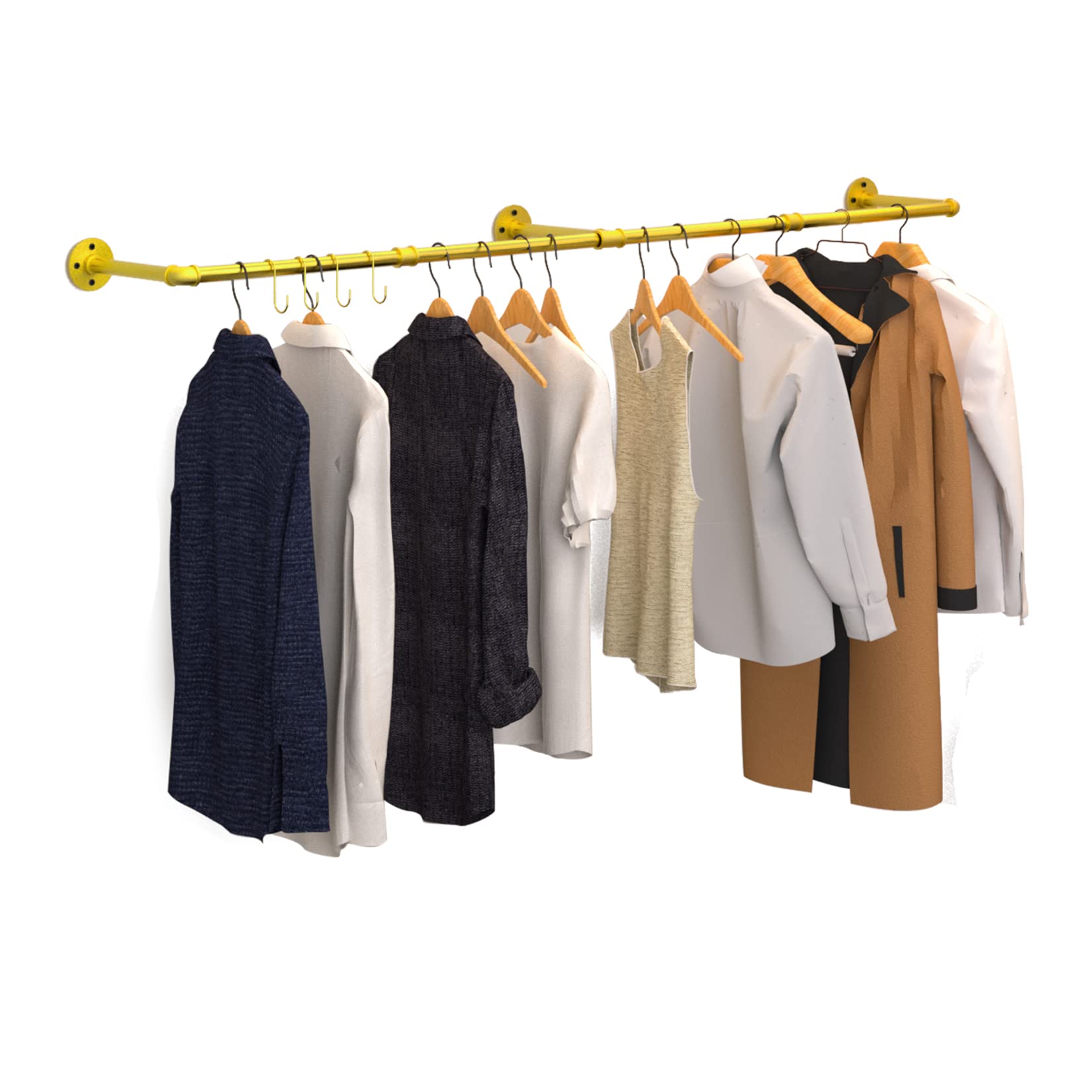 unho Wall Mounted Clothes Rail Industrial Pipe Garment Rack Adjustable 180cm Gold