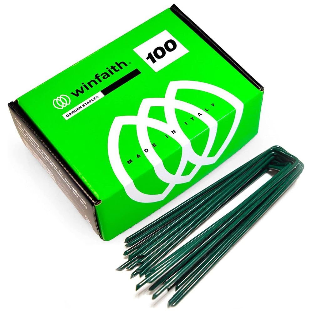 Winfaith Green Garden Pegs Artificial Grass U Shaped Nail Pins - Pack of 100 Pieces H 6"/ 150mm - Made in Italy in Anti-Rust Steel EN 10204 3.1 Hot Dip Galvanized