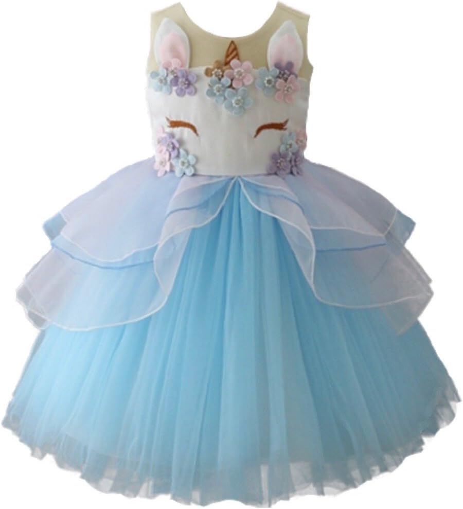 Little Girl Unicorn Floral Birthday Tutu Dress (Blue, 4-5 Years Old (110cm)