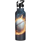 Baseball Insulated Water Bottle with Straw Lid,Vacuum Stainless Steel Mug Leakproof Tumbler Baseball Kids Water Bottle for Sports Travel School,20oz