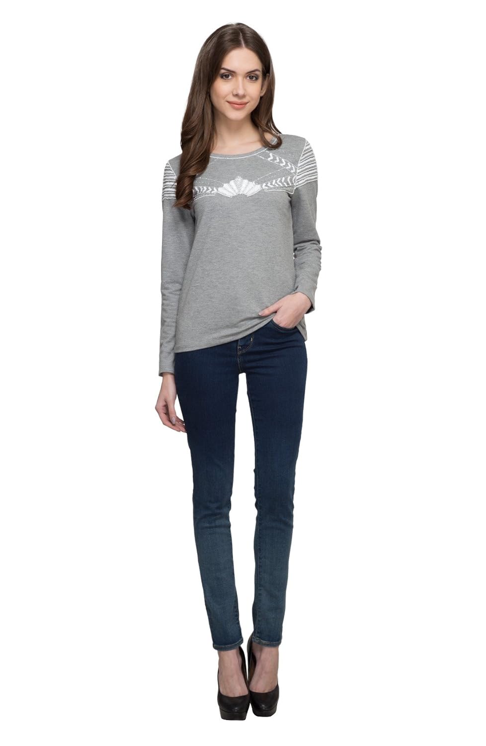 marie claire grey melange embellished sweatshirt (mc10261a)