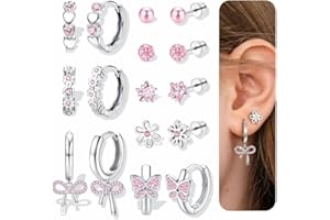 ORAZIO Hypoallergenic Earrings for Girls Women Surgical Stainless Steel Screw Back Earrings Set for Sensitive Ears Cute Toddler Kids Stud Hoop Flower Butterfly Flat Back Earrings Over 4 Years Old