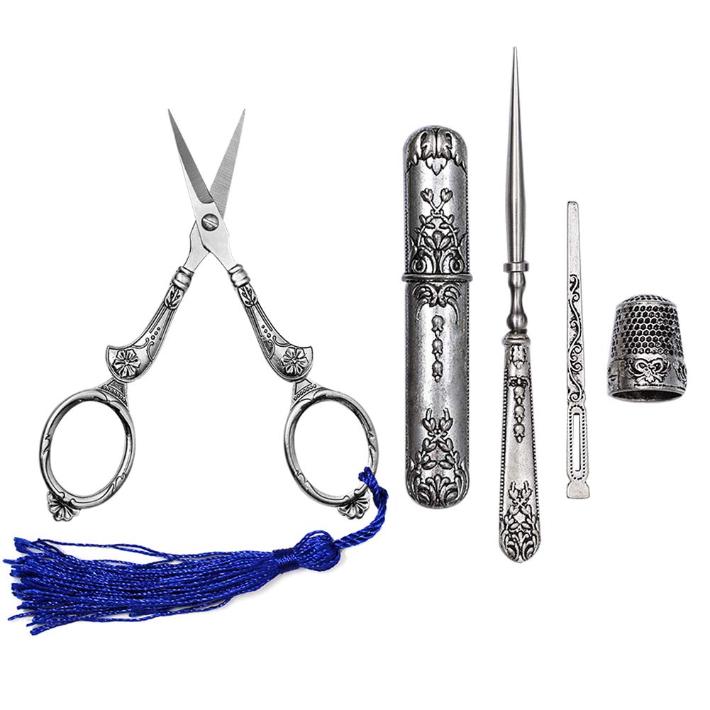 Sewing Scissors Set, European Vintage Sewing Tool Kit Embroidery Scissors and Case Alloy Awl Threader Thimble Needle Case Kit DIY Sewing Tools for Embroidery Cross Stitch Craft Accessories