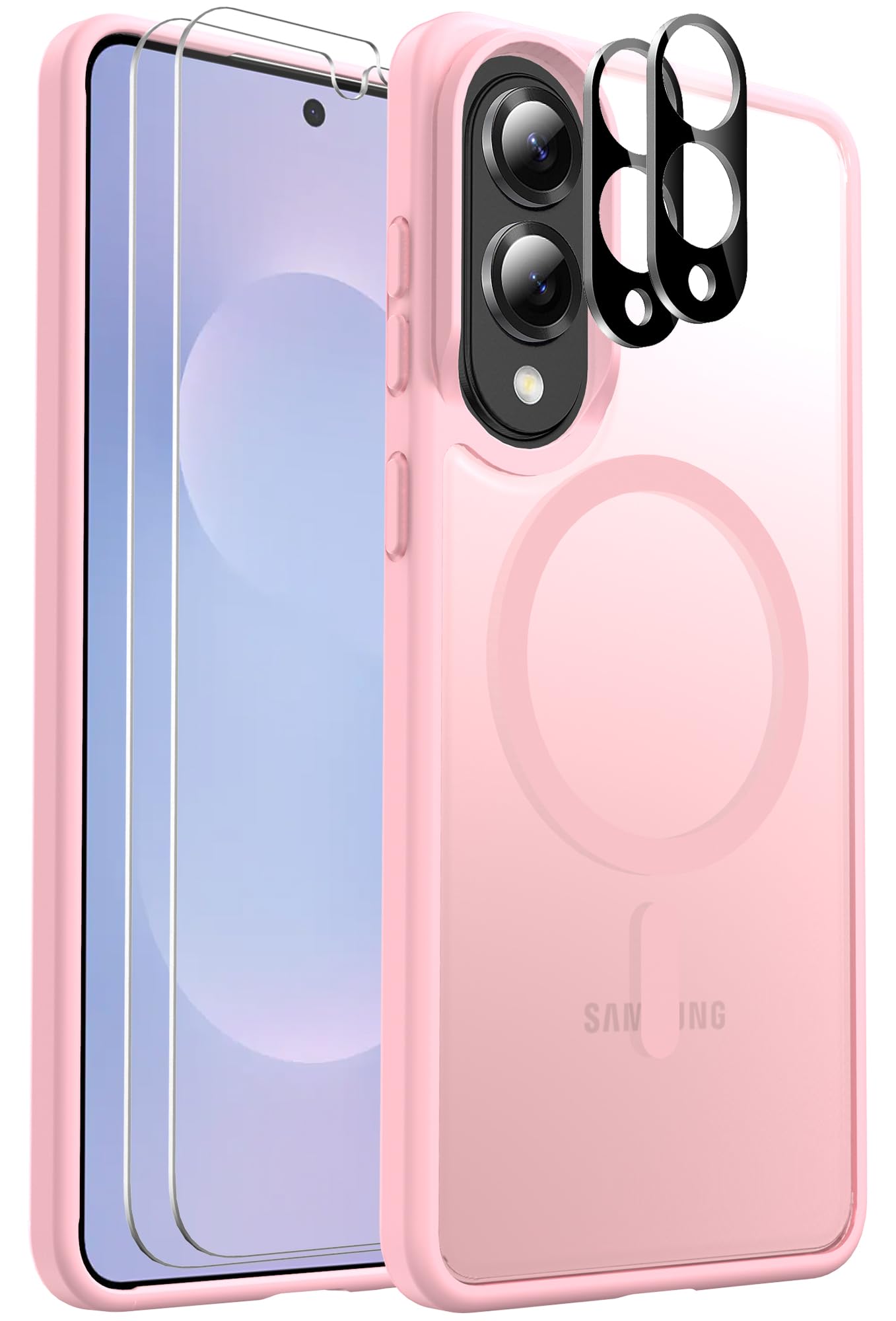 Photo 1 of Ezanmull for Samsung Galaxy S25 Edge Case Magnetic Shockproof, [Fit for MagSafe] [Glass Screen Protector + Camera Lens Protector] Translucent Anti-Fingerprint Case (Pink)
