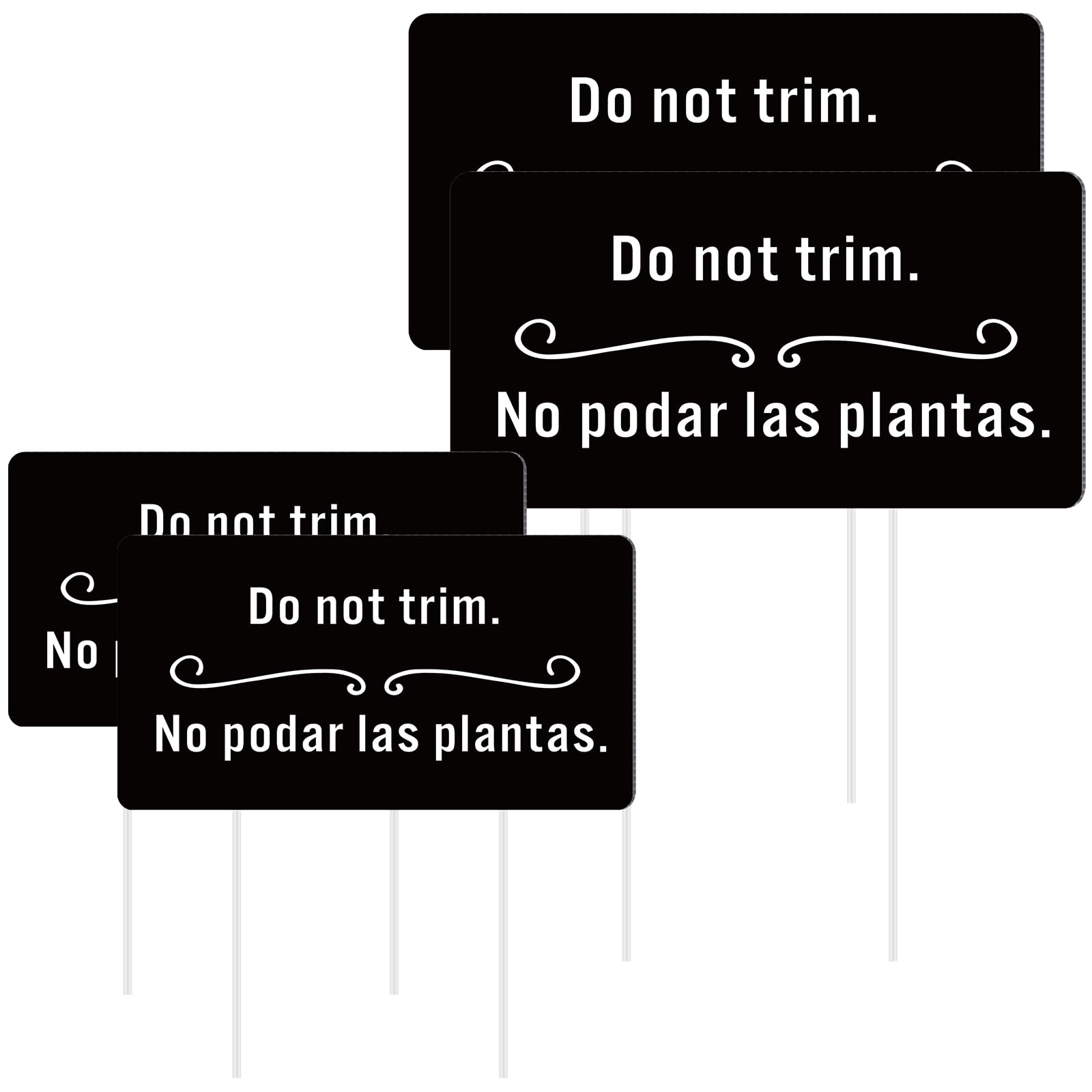 Photo 1 of Soaoo 4 Pcs Corrugated Plastic Do Not Trim Yard Signs with Stakes 6.2 x 3.3 Inch 9.2 x 4.9 Inch Plant Signs Bilingual Garden Markers for Outdoor Lawn(Black)