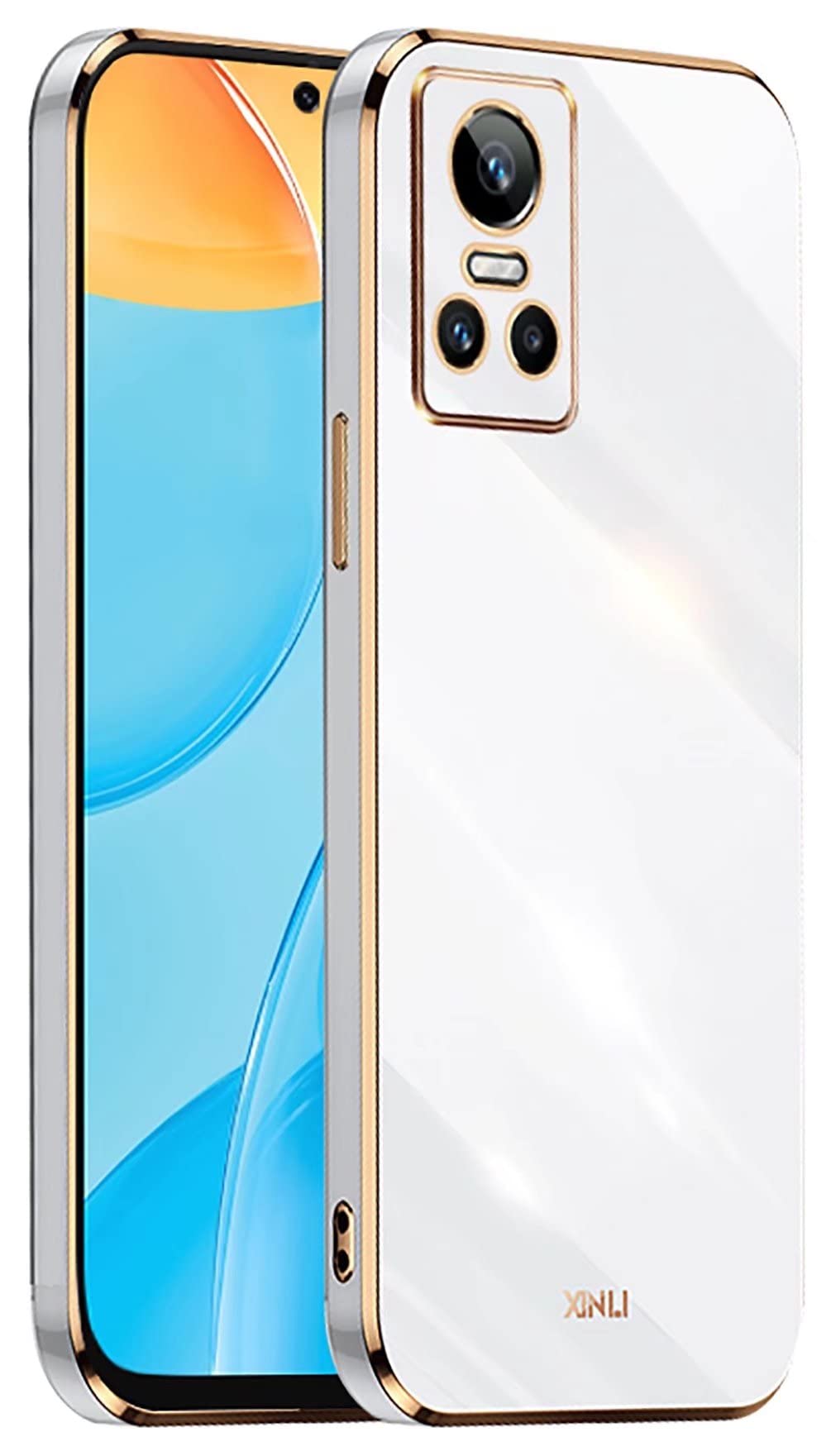 YUWEN Phone Cover Case for Realme GT Neo 3, Golden-Edge Design Colorful Shiny TPU Silicone Stylish Telephone Sleeve Shell - White