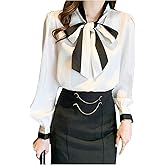 GORGLITTER Women's Bow Tie Neck Blouse Color Block Long Sleeve Work Shirt Office Business Casual Professional Dressy Tops
