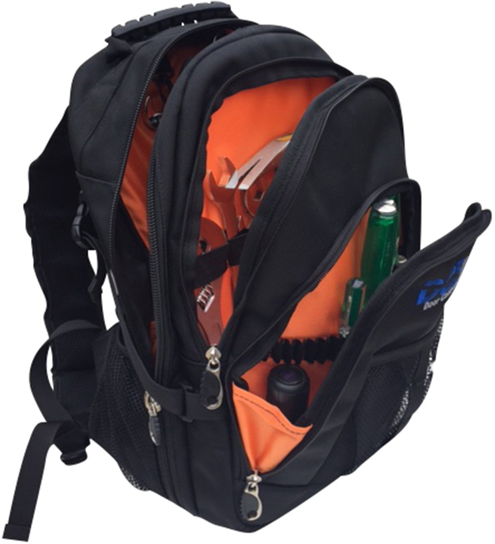 construction backpack with hard hat holder