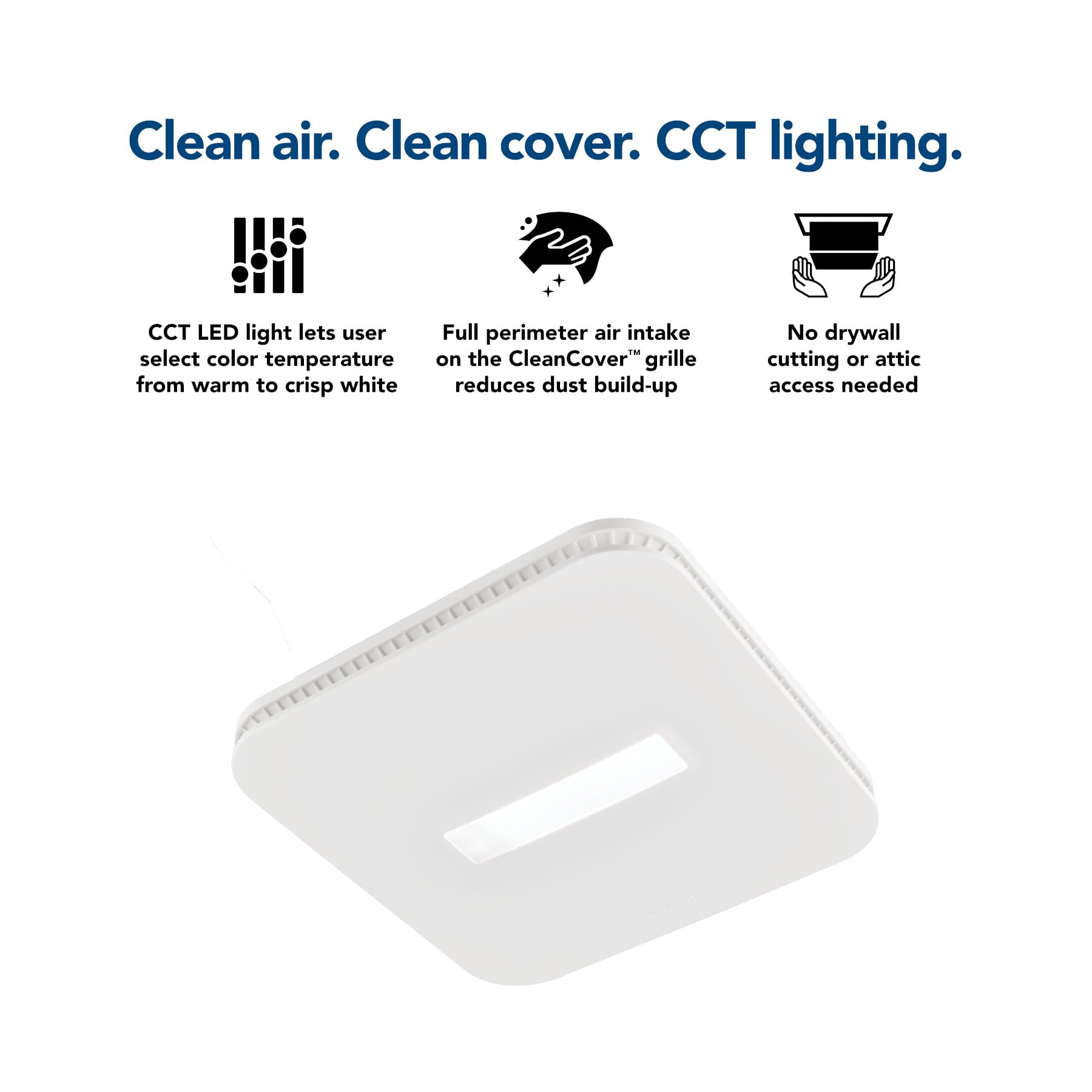 Broan-NuTone CleanCover, 110 CFM AER110CCTK Bathroom Exhaust, 1.0 Sone, with Selectable CCT LED Light, Energy Star Bath Fan, White