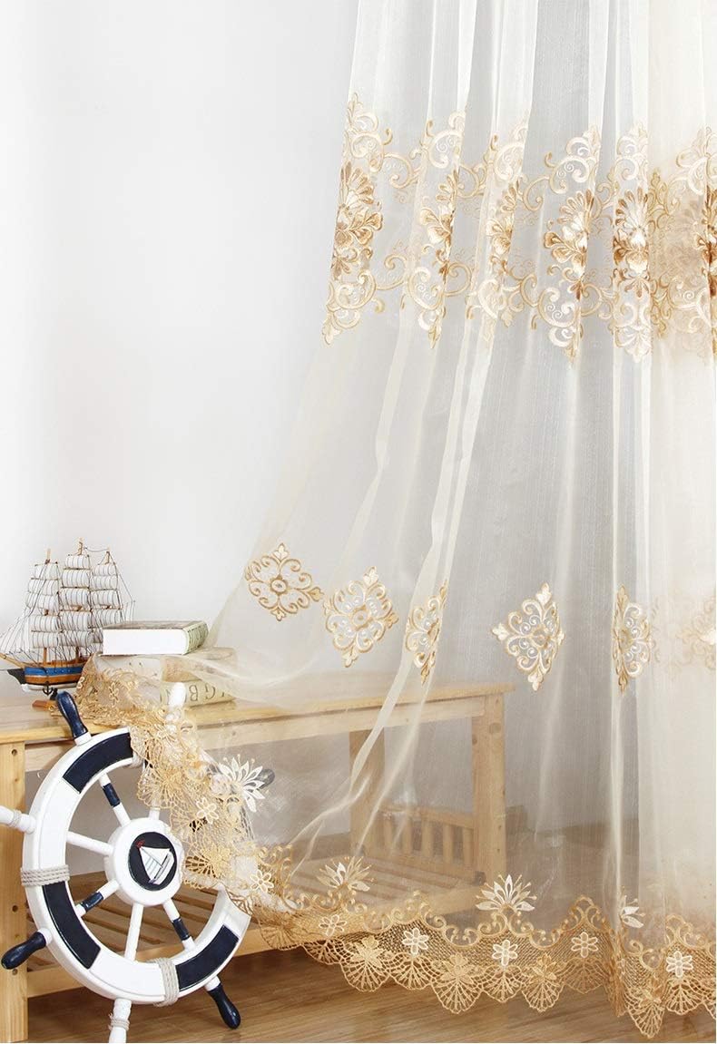 TIYANA Embroidered Beige Sheer Curtain Panel for Living Room 84 inches Long Delicate Embroidery Royal Voile Tulle Drape for Bedroom Rod Process 1 Panel 75x84 inch