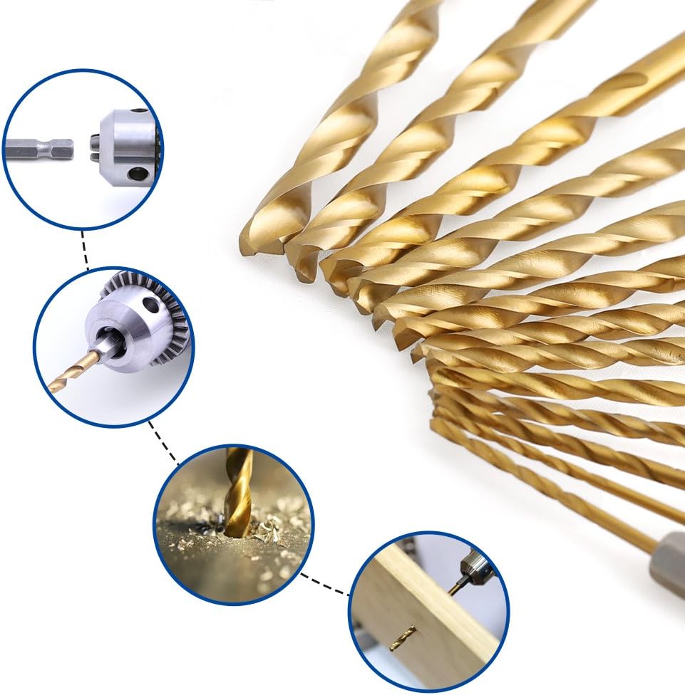 COMOWARE Titanium Twist Drill Bit Set - 13 Pcs Hex Shank High Speed Steel for Wood Plastic Aluminum Alloy, Quick Change, 1/16"-1/4": Industrial & Scientific