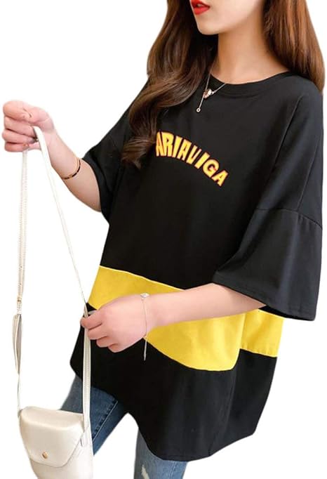 Amazon Shuming レディース Tシャツ 半袖 ゆったり カットソー クルーネック 切り替え おしゃれ 夏服 ファッション トップス 原宿系 かわいい Tシャツ 韓国 Tシャツ カットソー 通販