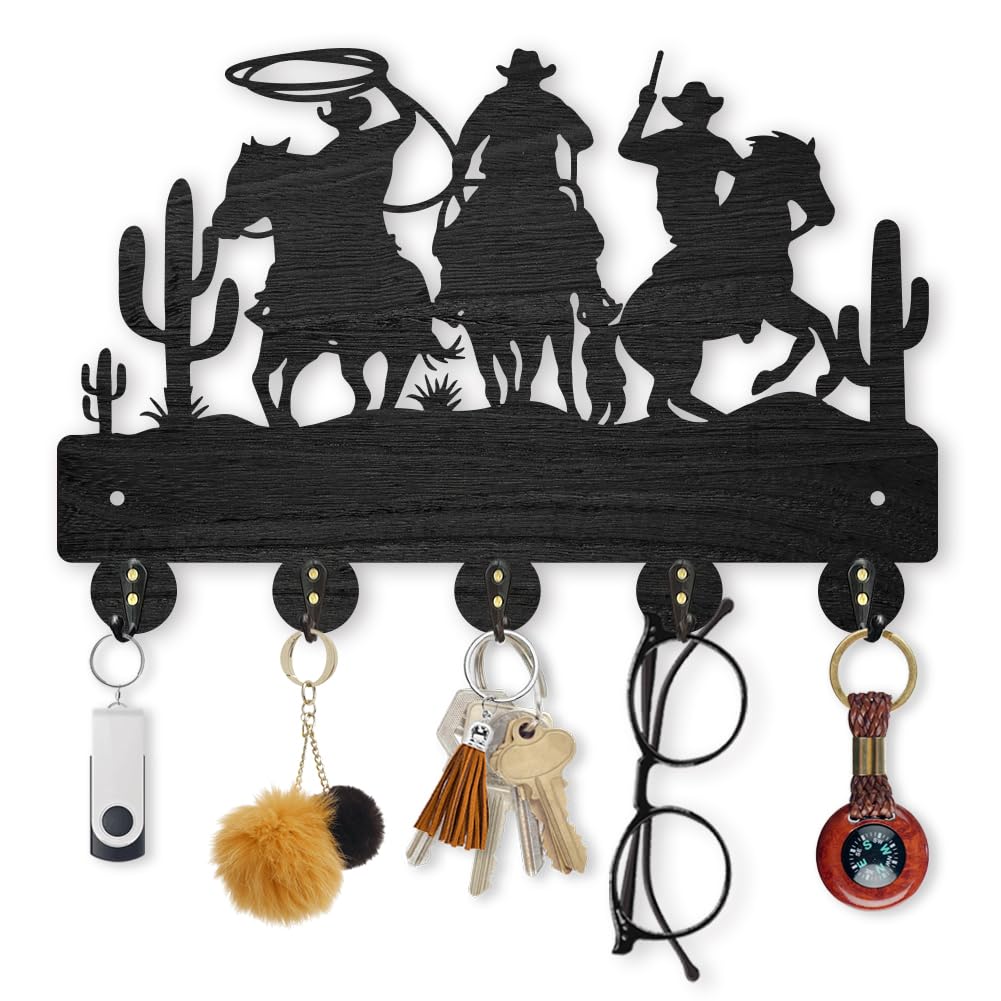 MAYJOYDIY Cowboy Horse Cactus Coat Hooks Wall Mount 30×20cm Desert Decorative Hooks Rack Wall Art Decor Black Wooden Western Cowboy Key Holder for Wall 5 Alloy Hooks for Kitchen Entryway Gifts