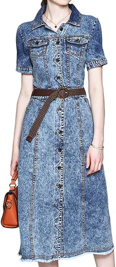 Amazon Youyouok レディース ワンピース 半袖 デニムドレス 夏服 ベルト付き ひざ下 デニムスカート 通勤 Ol風 エレガント ワンピース チュニック 通販