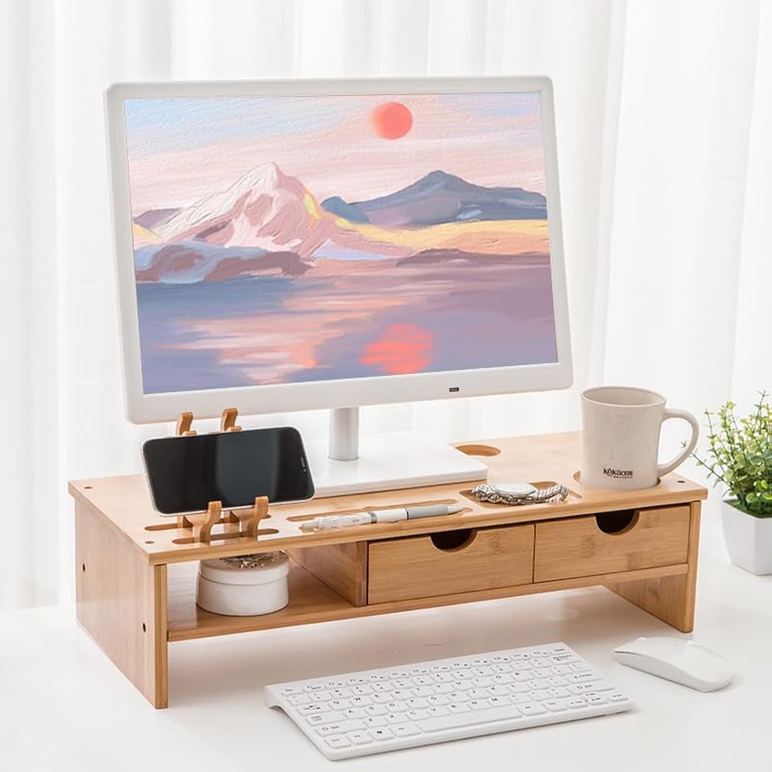 ybaymy Bamboo Monitor Stand, Wooden Laptop Stand with Drawer, Wood Monitor Riser for Desk, Computer Monitor Stand with Smart Phone Holder and Cable Management Hole, Office Supplies, 22x50x14cm