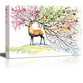 Brown Deer with Big Beautiful TreeLike Horn with Branches of Fours Seasons in Watercolor Style - Canvas Art Wall Art - 12" x 18"