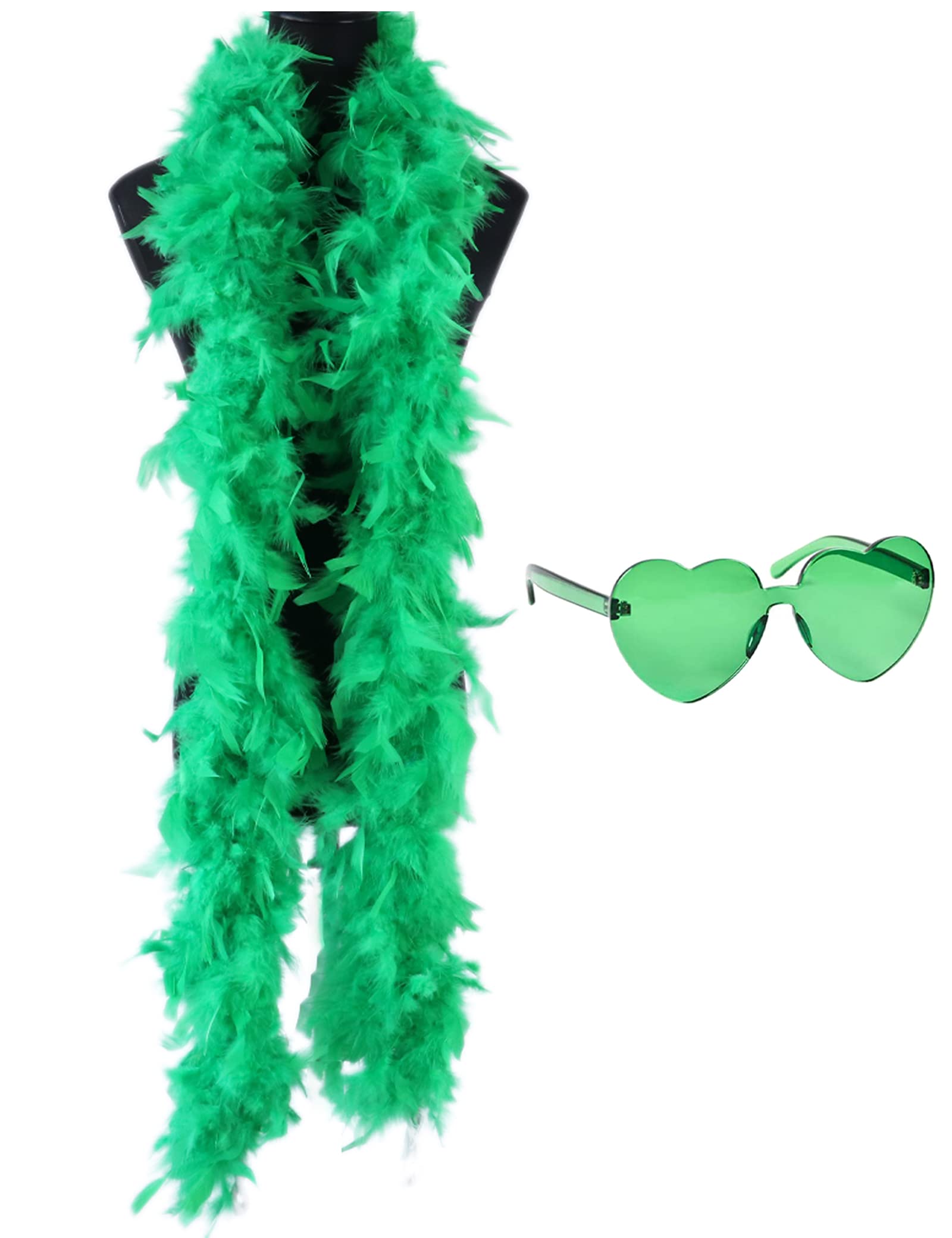 db11 Colorful Feather Boas, 6.6ft Feather Boa for Women for Dancing Wedding Party Cosplay Halloween,with Heart Rimless Sunglasses (Green)