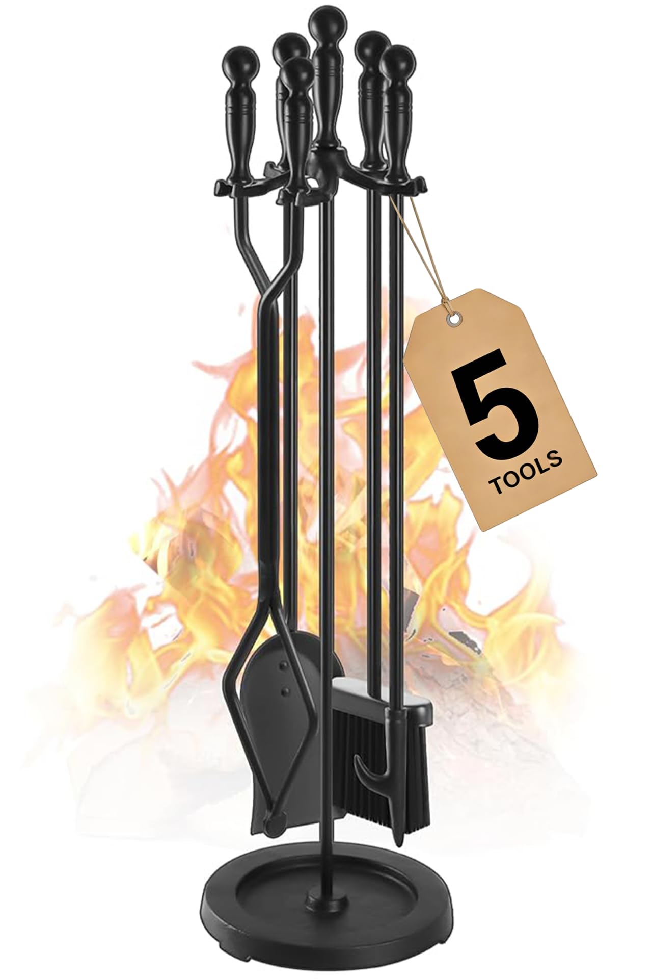 Gtongoko Fireplace Tools Set 5 Pcs 30.5 Inch Black Wrought Iron Large Fire Place Tool Set Indoor/Outdoor Include Poker, Shovel, Brush, Tong and Round Stand, Fireplace Kit Accessories Set