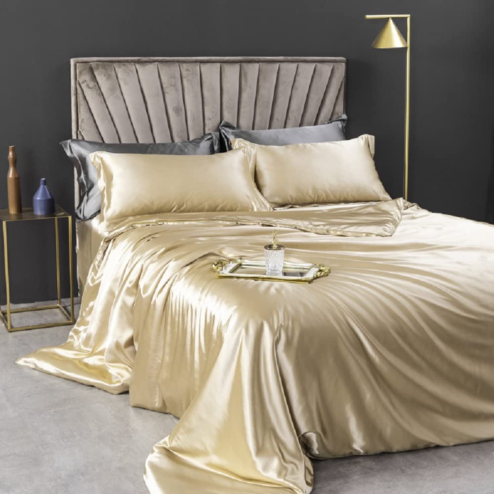 Lanqinglv Double Duvet Cover Set Gold Silky Satin Luxury Bedding Set Double Bed Smooth Shiny Quilt Cover 200x200cm with Zipper Closure and 2 Pillowcases 50x75cm