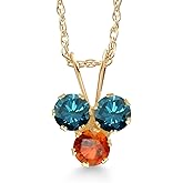 Gem Stone King 14K Yellow Gold Blue Diamond and Orange Sapphire 3-Stone Pendant Necklace For Women (0.36 Cttw, Gemstone April Birthstone, Round 3MM, 18 Inch Chain)